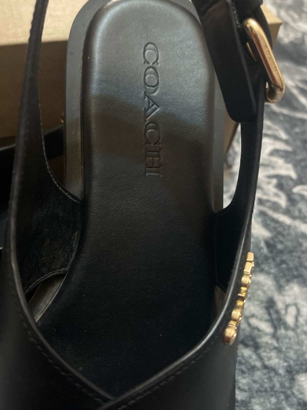 COACH Black Leather Crisscross Slingback Sandals with Gold Accent - Picture 3 of 7